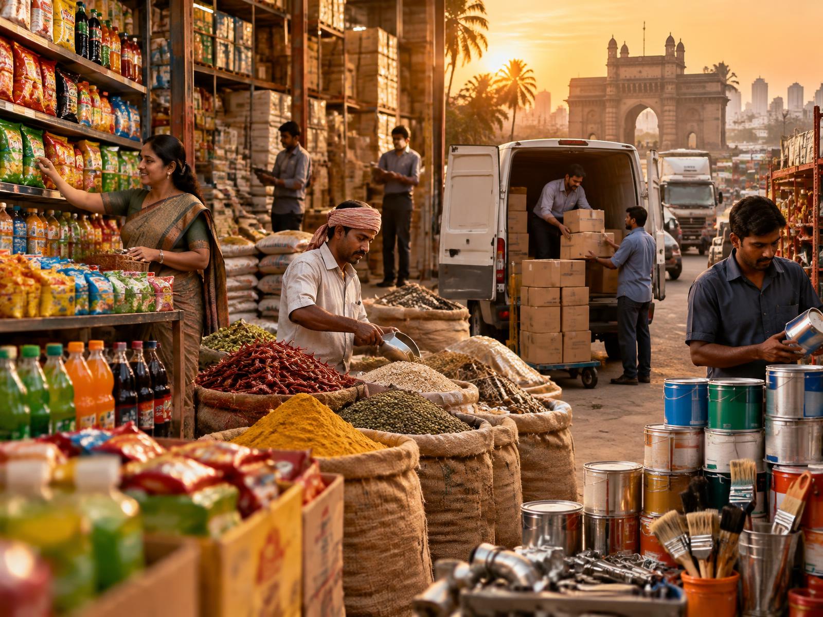 A mix of Indian distribution trades — FMCG shelves, spices and staples, paints, hardware and dispatch loading